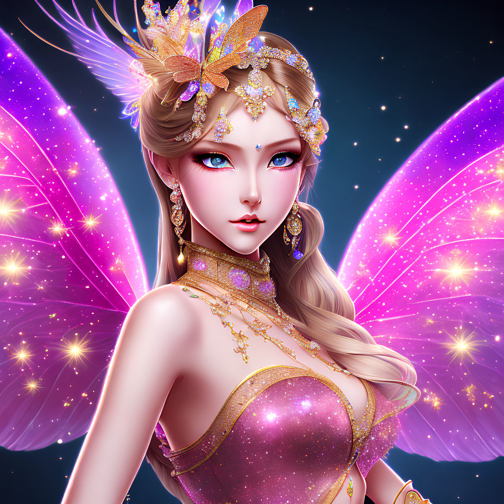 Fantasy illustration: fairy with purple wings, gold tiara, jewelry, starry night.