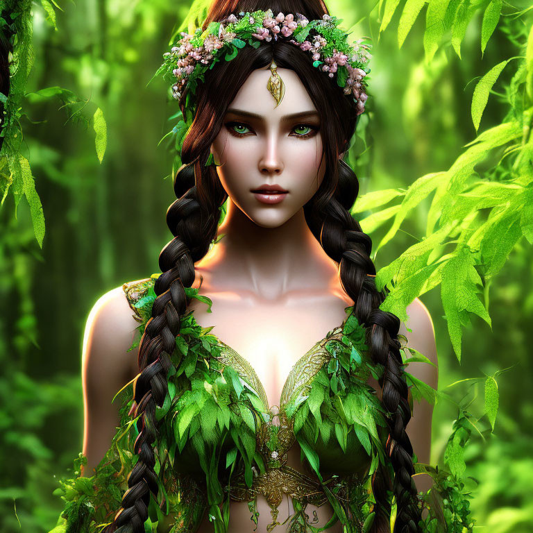 Fantasy image of woman with braided hair and floral crown in forest.