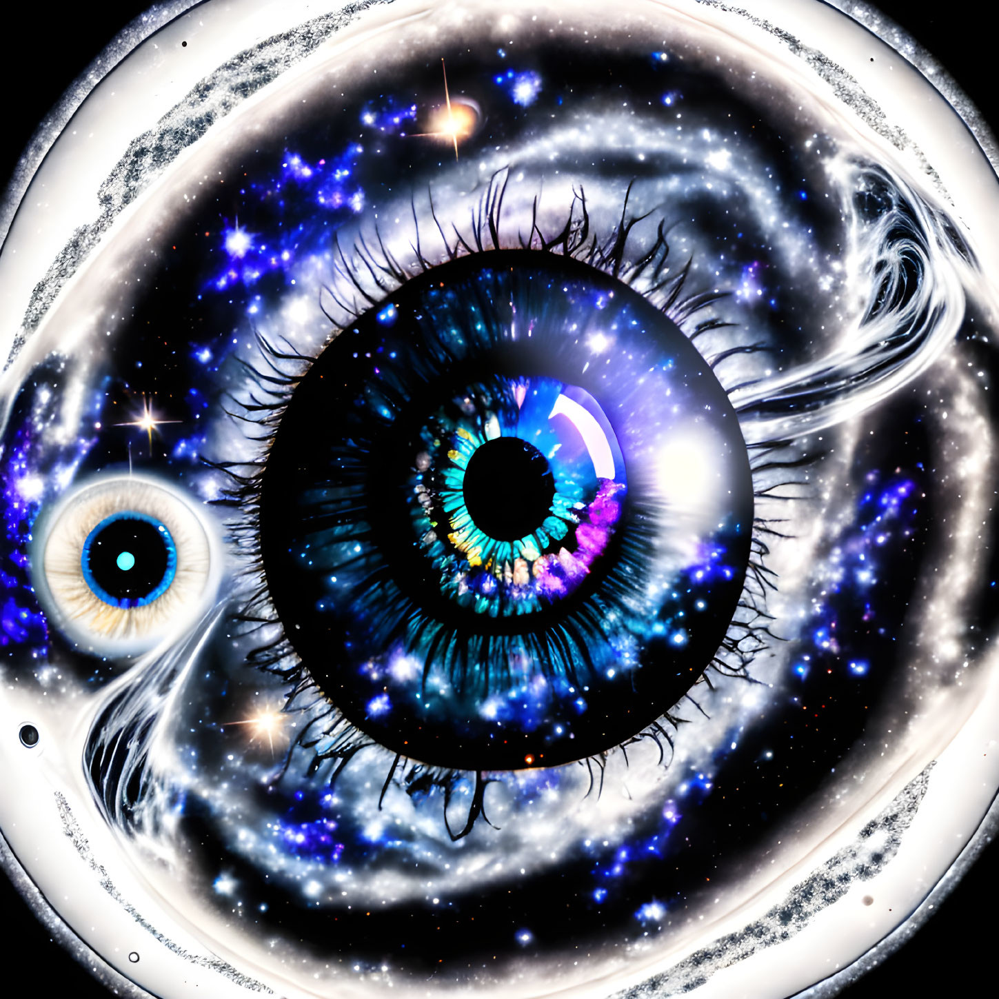 Surreal digital artwork: Galaxy-themed eye with cosmic elements