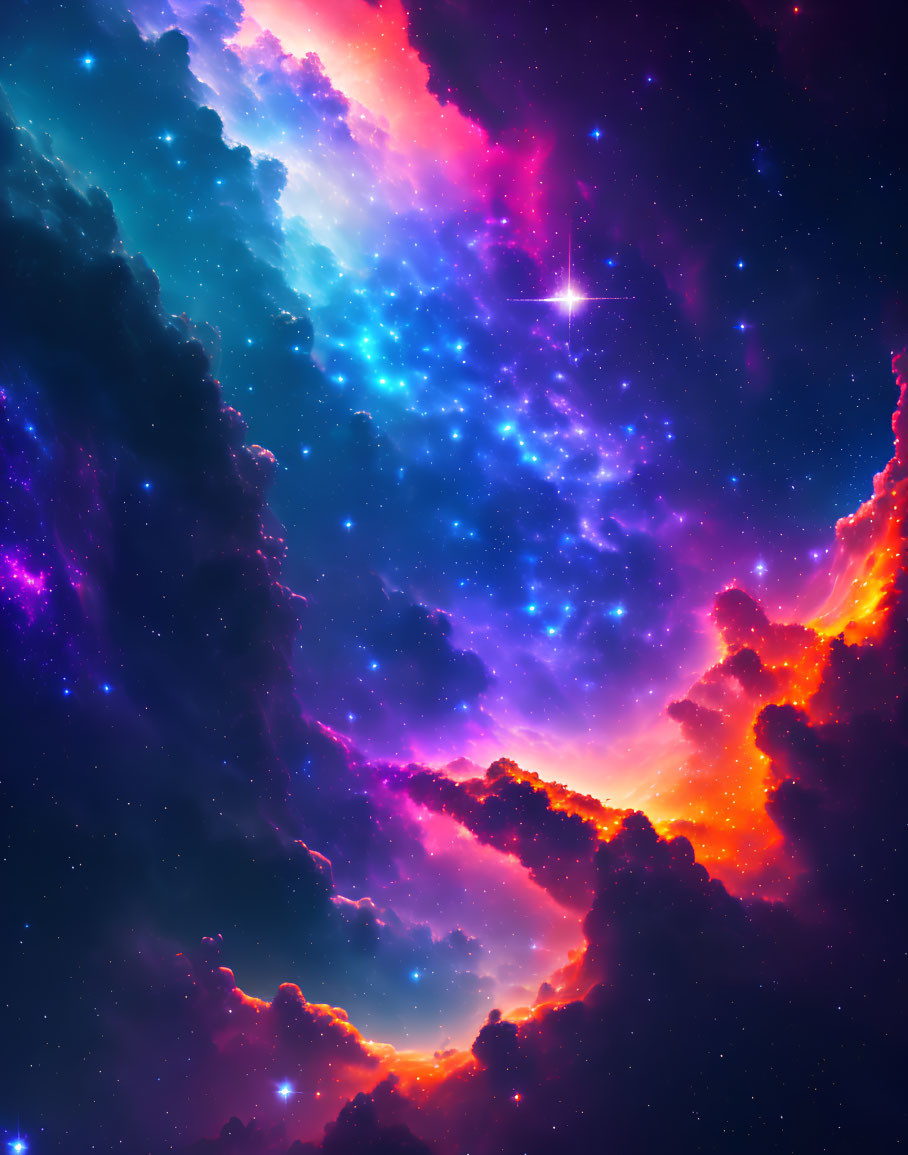 Colorful Cosmic Scene with Blue, Purple, and Red Nebulae, Stars, and Celestial
