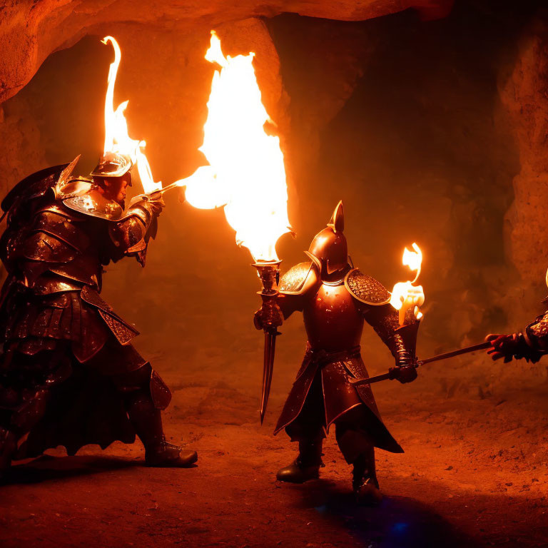 Two knights in full armor with flaming torches in dimly lit cave