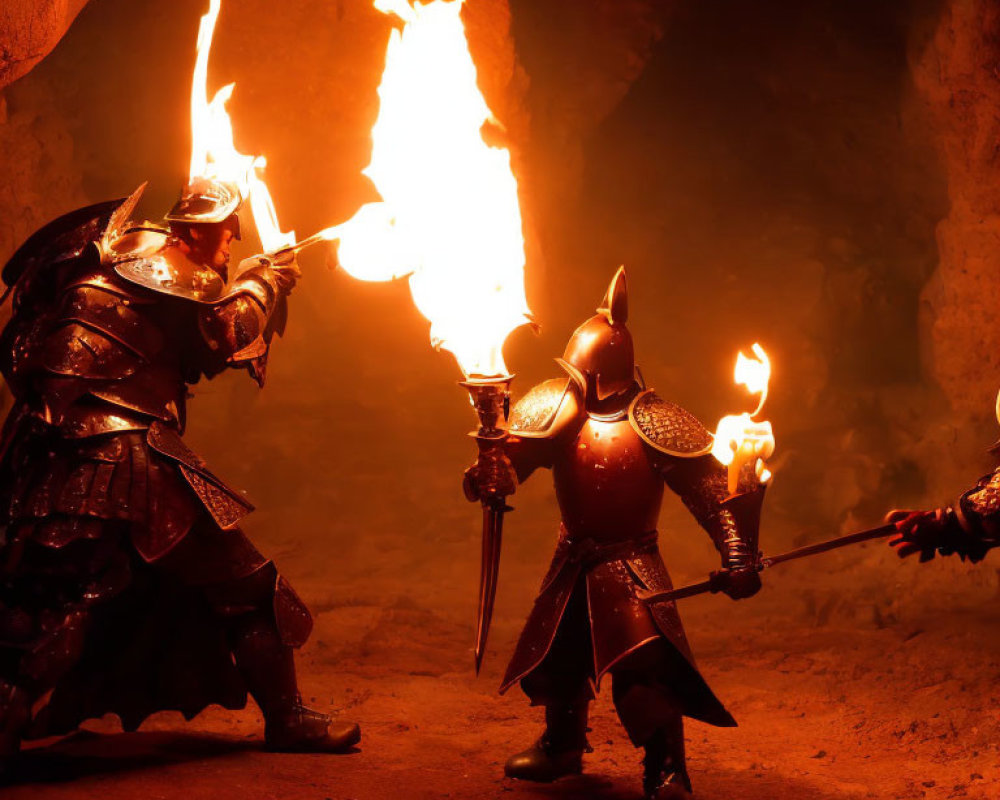Two knights in full armor with flaming torches in dimly lit cave