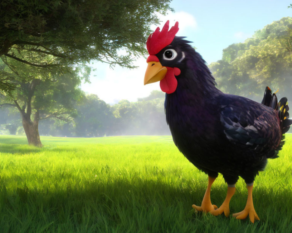 Cartoonish Purple Chicken with Red Comb in Sunny Meadow