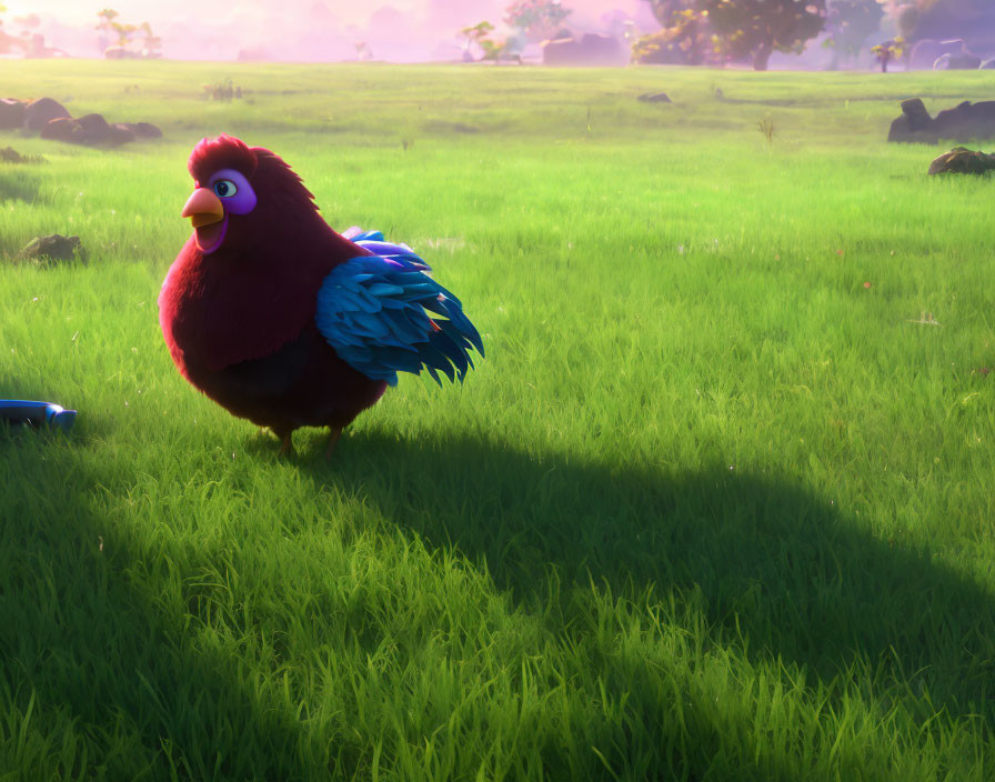 Large bird-like animated character with dark plumage and blue tail feathers in lush green field.