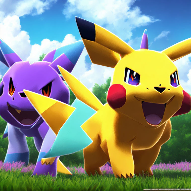 Colorful Pikachu and Nidoking in grassy meadow under blue sky