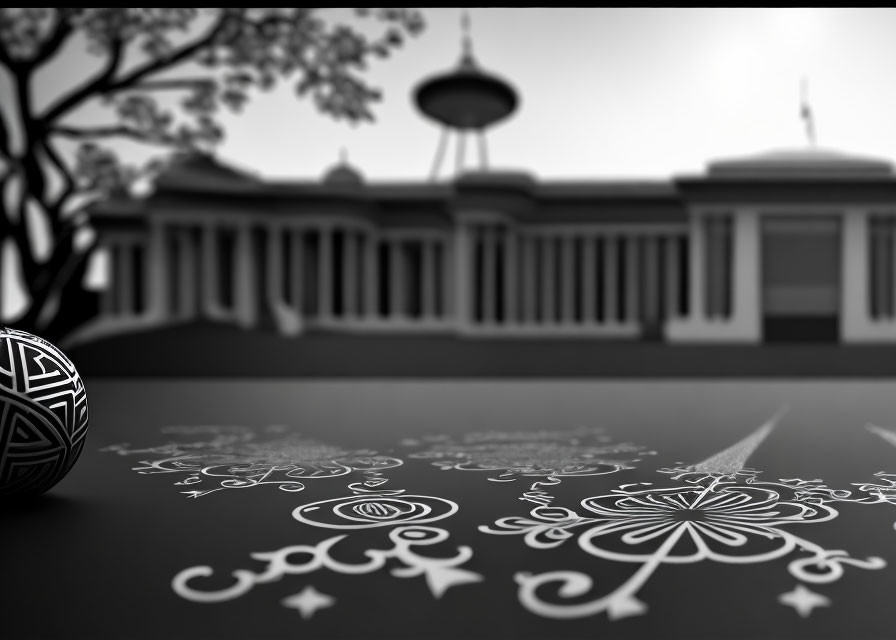 Monochromatic image of classical building, ornate floor pattern, spherical object, and tree silhouette.