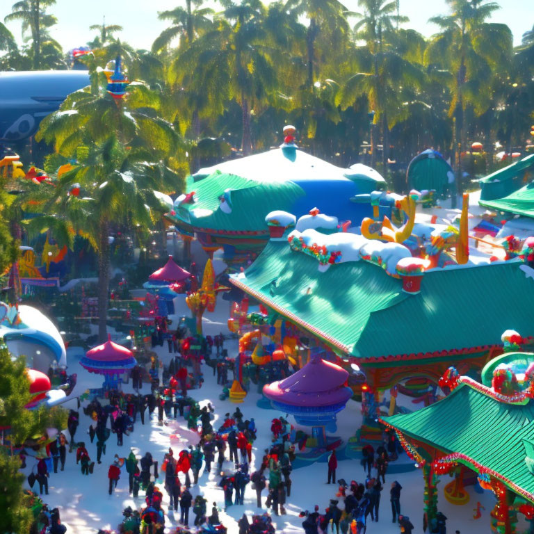 Christmas-themed theme park with festive decorations and palm trees bustling with visitors under sunny sky