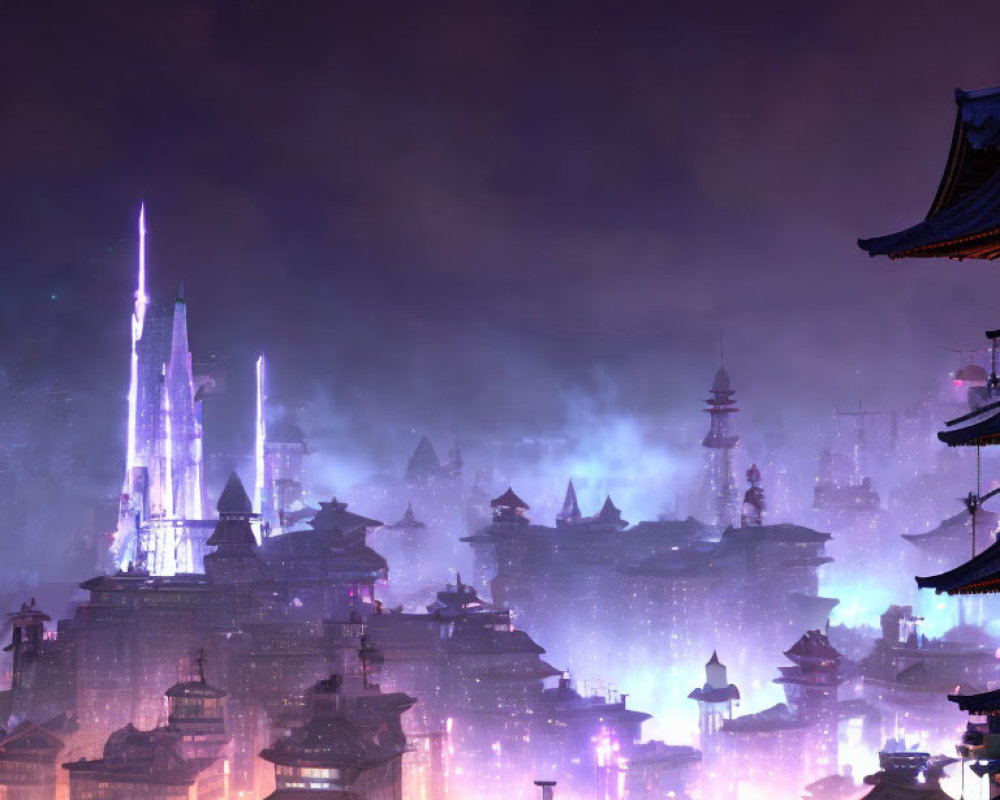Mystical cityscape: traditional Asian architecture meets futuristic spires at dusk