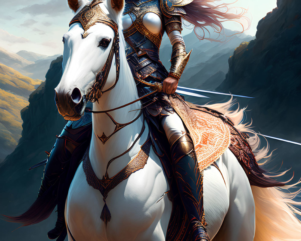 Armored warrior woman riding white horse in mountainous backdrop