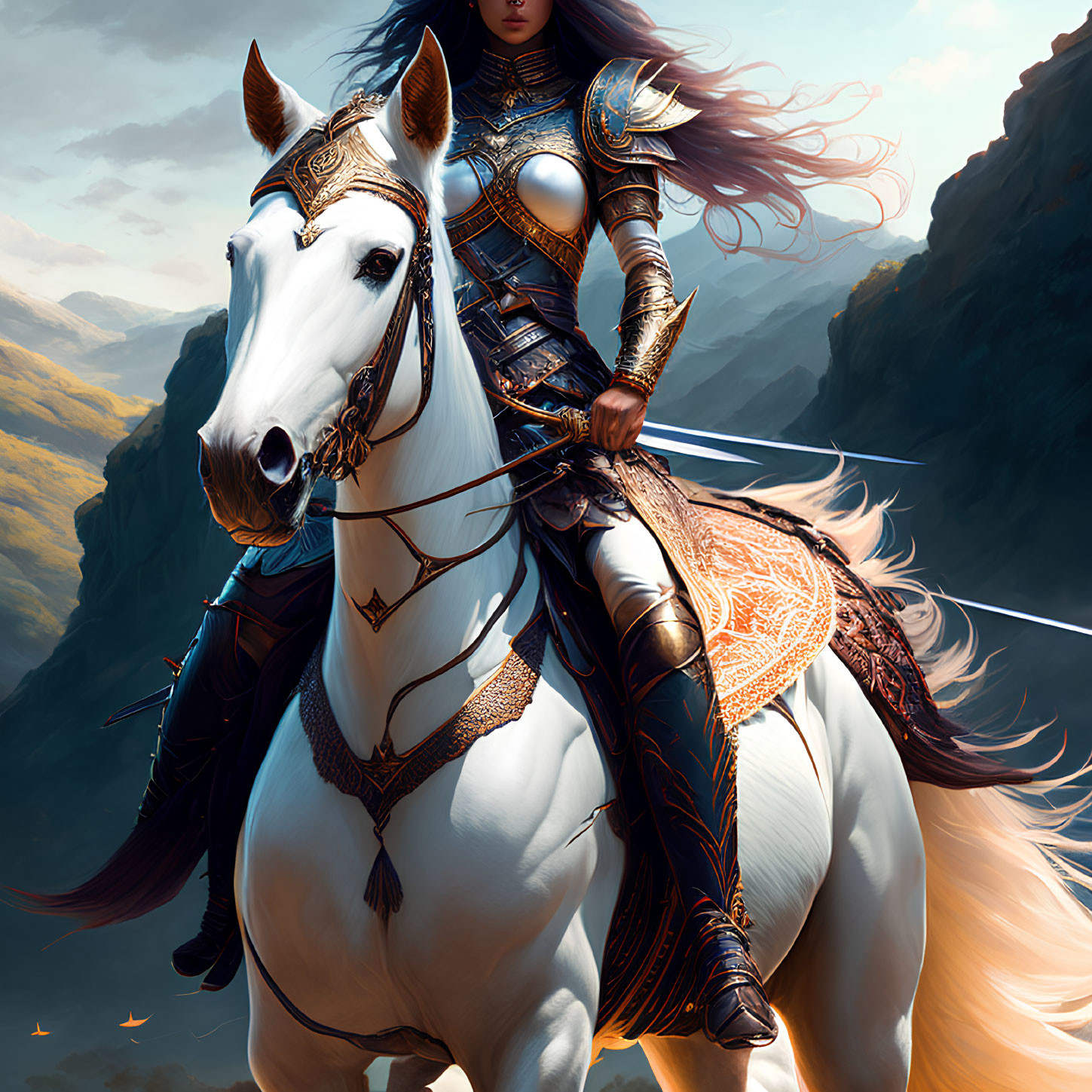 Armored warrior woman riding white horse in mountainous backdrop