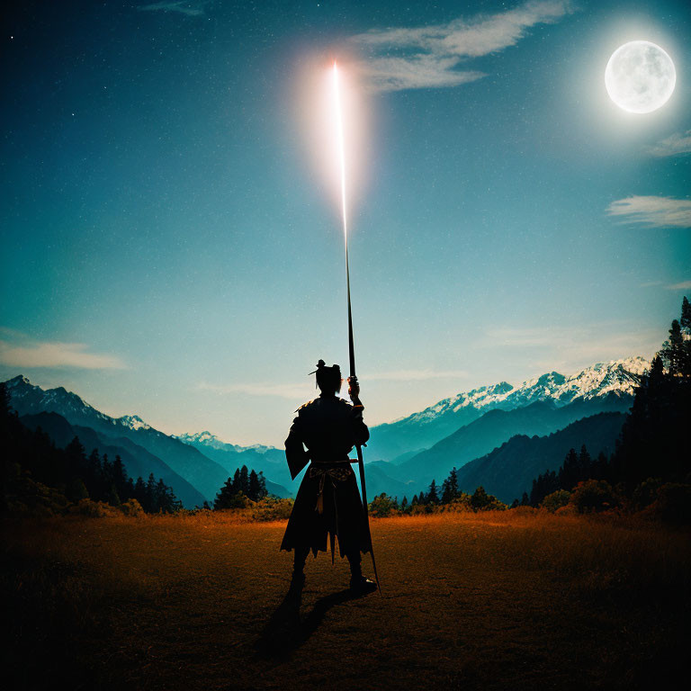 Silhouetted figure with sword in nocturnal landscape under full moon