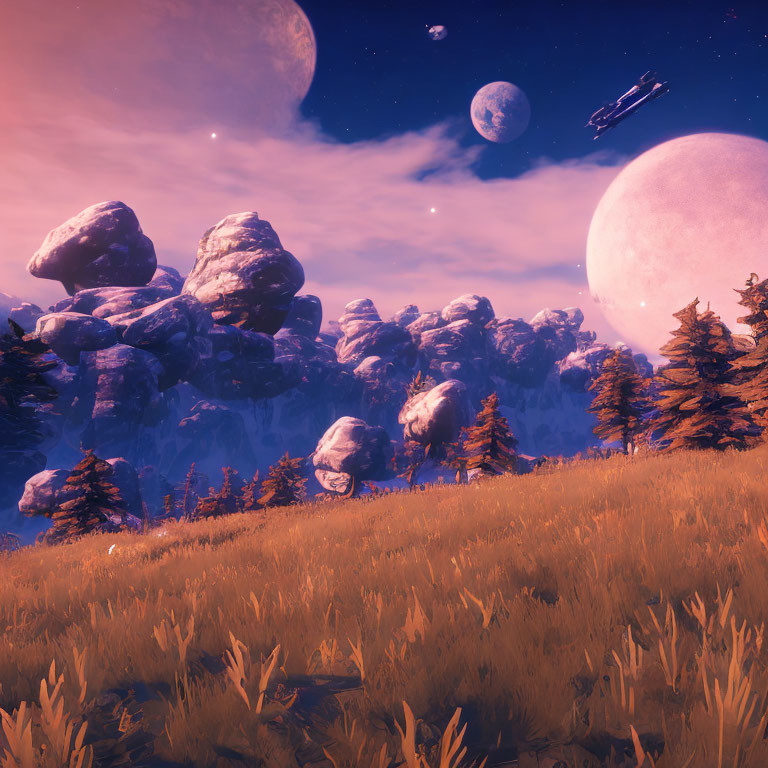 Fantastical landscape with floating rocks, twilight forest, and multiple moons.