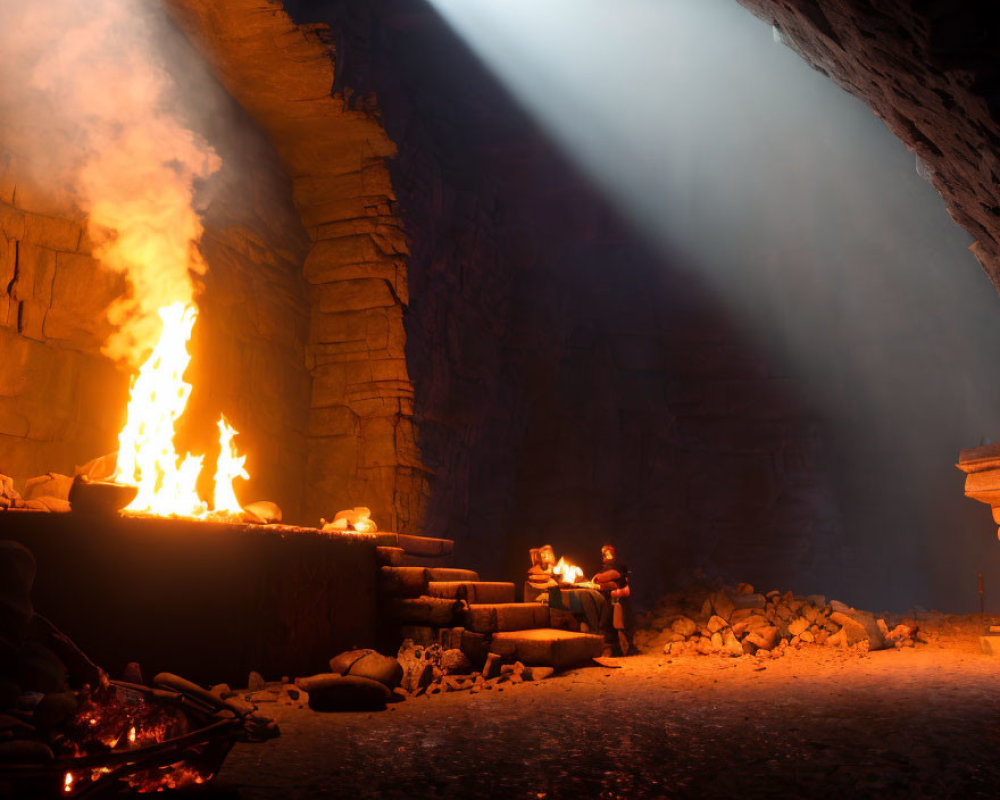 Cavern scene with people around fire and sunbeams