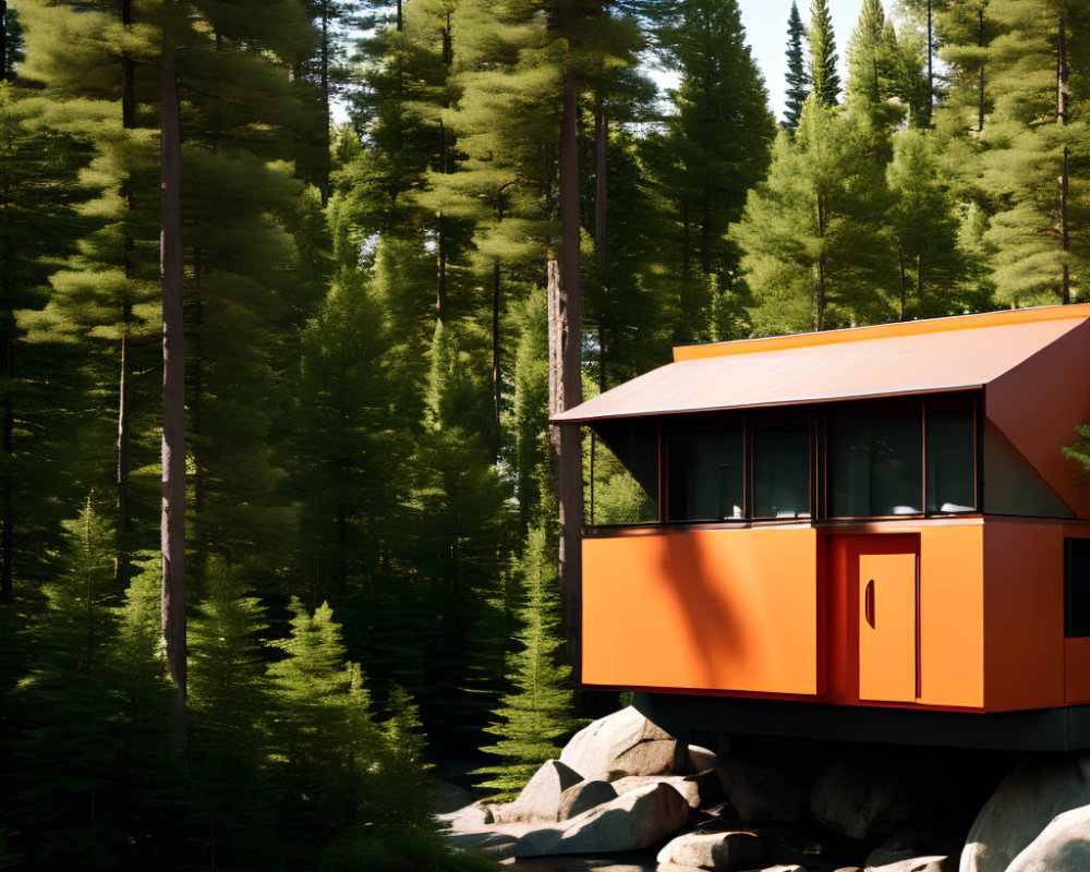 Modern orange cabin on stilts in serene forest by calm stream