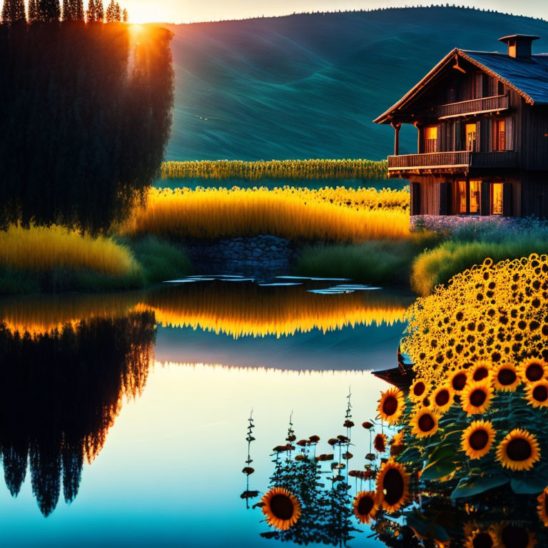 Tranquil landscape with wooden house, sunflowers, and sunset-lit hills