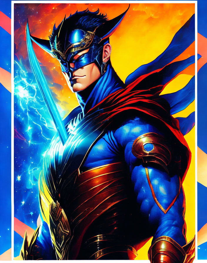 Vibrant armored superhero with winged helmet and glowing sword in cosmic scene