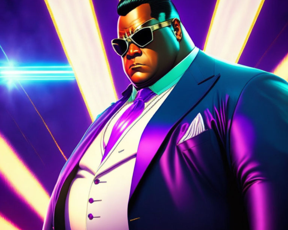 Large-built man in suit and sunglasses on vibrant light beam background