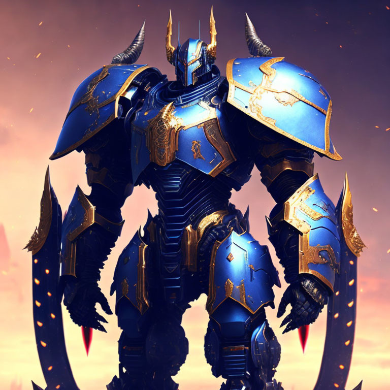 Fantasy Figure in Blue and Gold Armor Against Dusk Sky