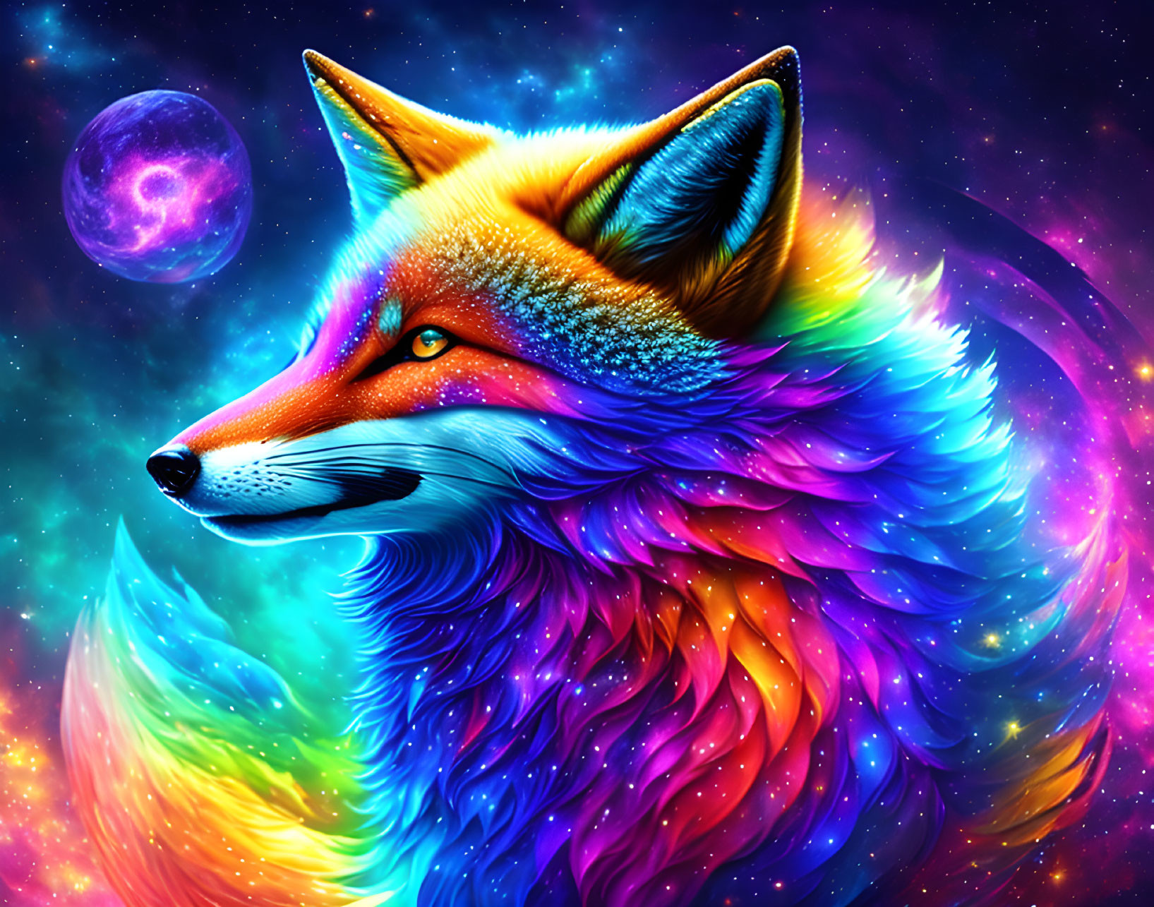 Colorful Cosmic Fox with Multicolored Fur in Starry Space Scene