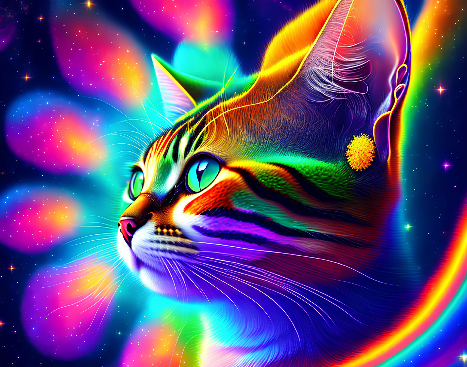 Colorful digital artwork: Multicolored cat with neon stripes on cosmic star background