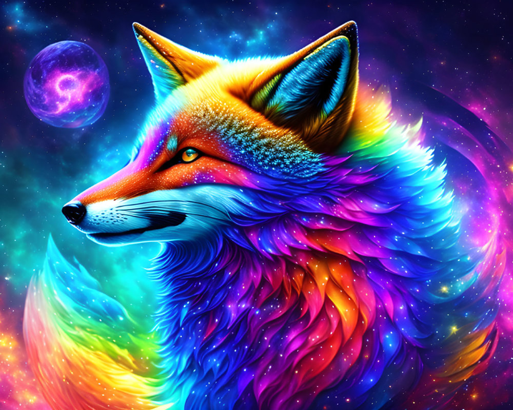 Colorful Cosmic Fox with Multicolored Fur in Starry Space Scene