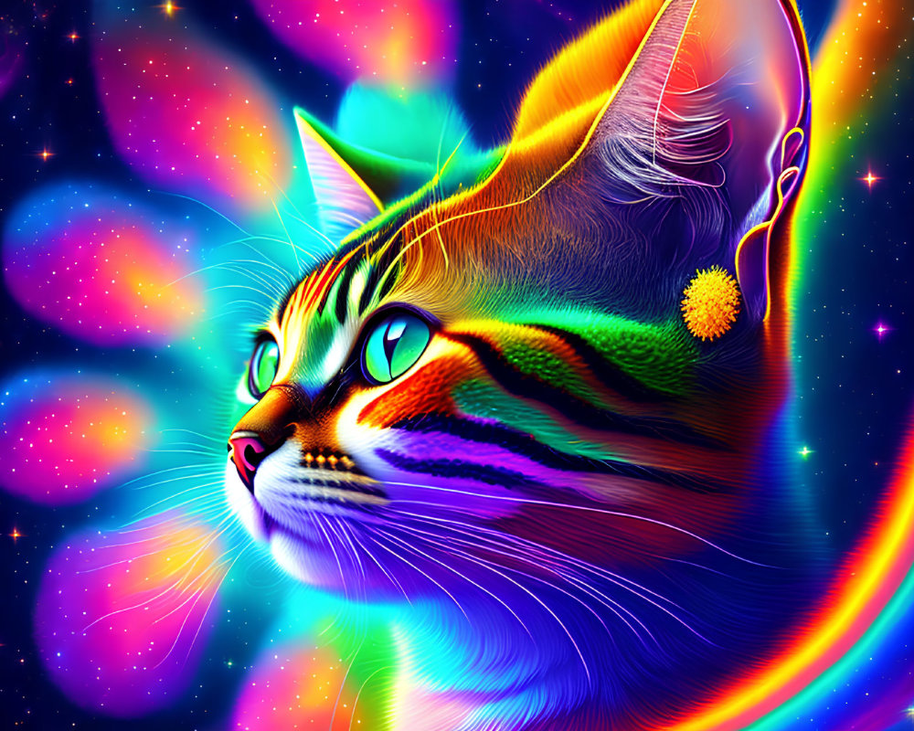 Colorful digital artwork: Multicolored cat with neon stripes on cosmic star background