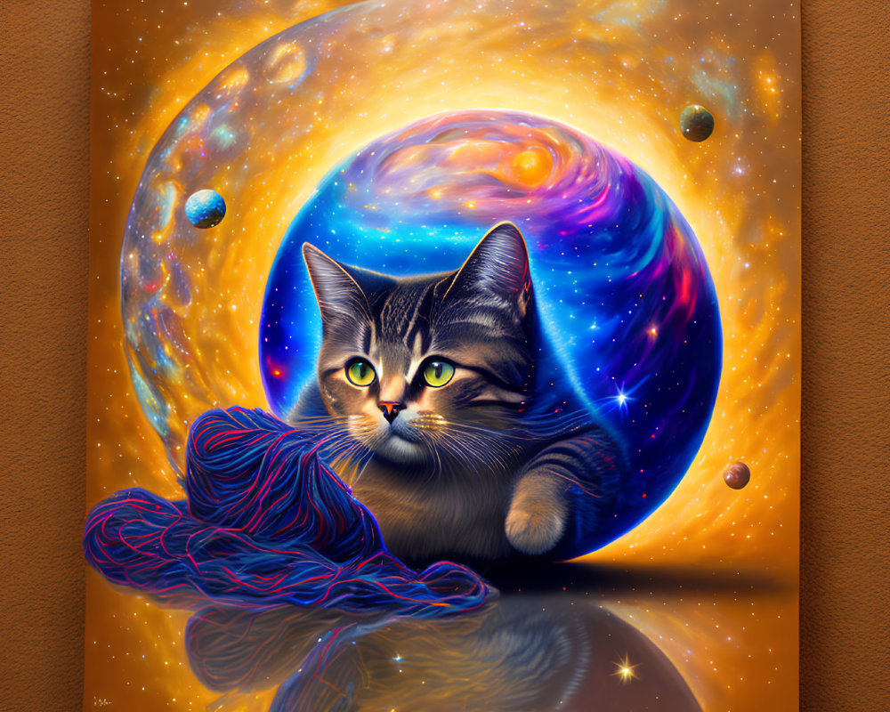 Tabby cat illustration with cosmic background and blue yarn ball.