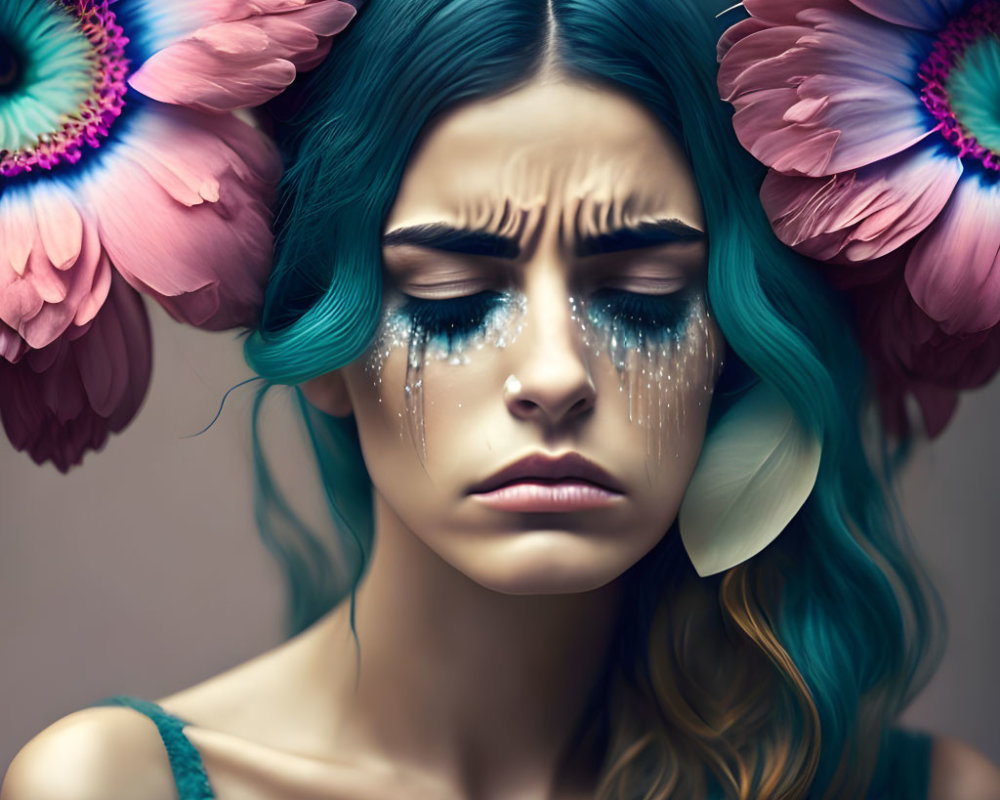 Teal-Haired Woman with Glitter Tears Among Pink Flowers