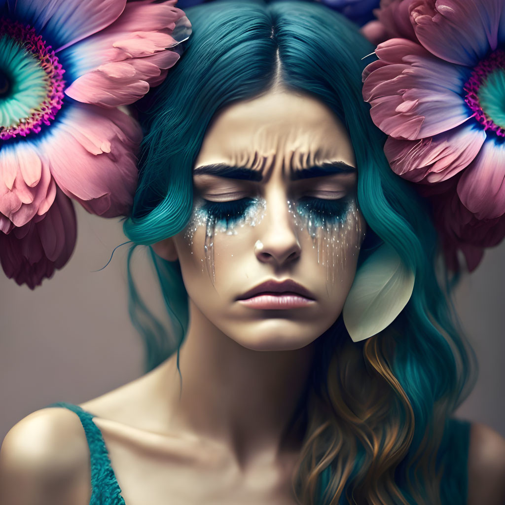 Teal-Haired Woman with Glitter Tears Among Pink Flowers