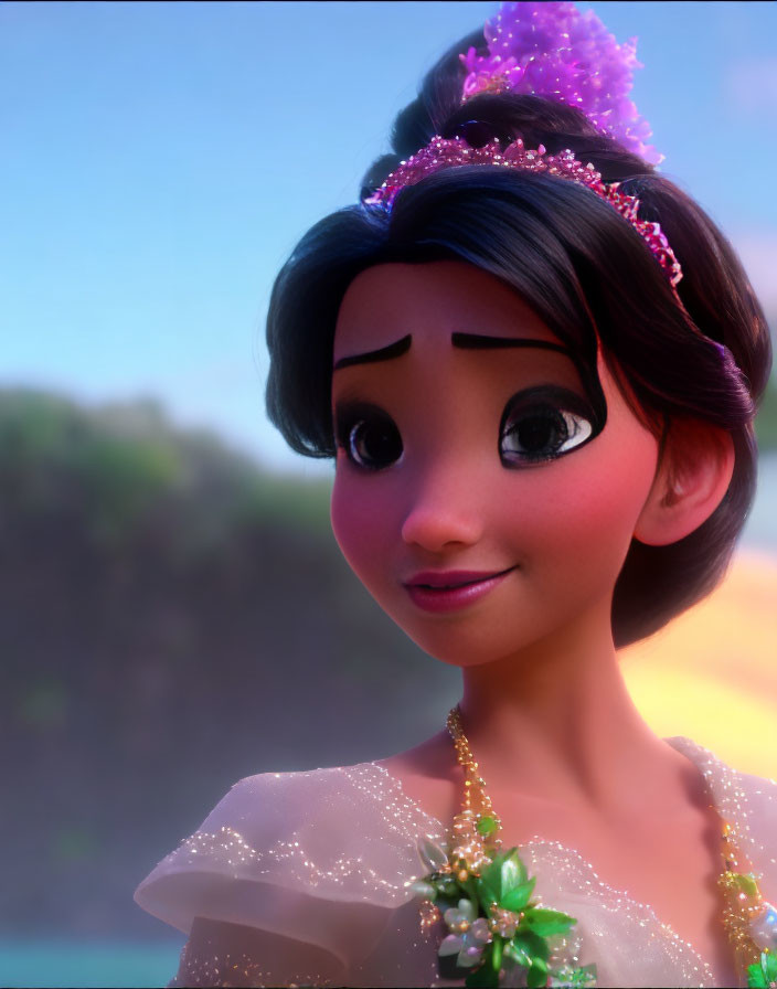 Smiling animated princess with tiara in nature scene