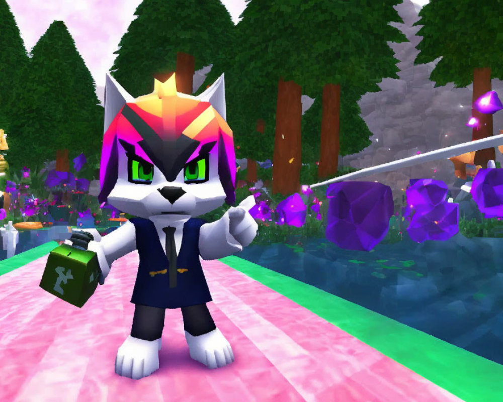 Anthropomorphic cat character in suit with briefcase in colorful, crystal-filled environment