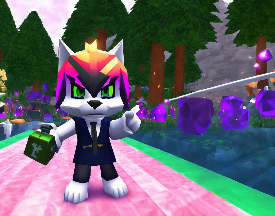 Anthropomorphic cat character in suit with briefcase in colorful, crystal-filled environment