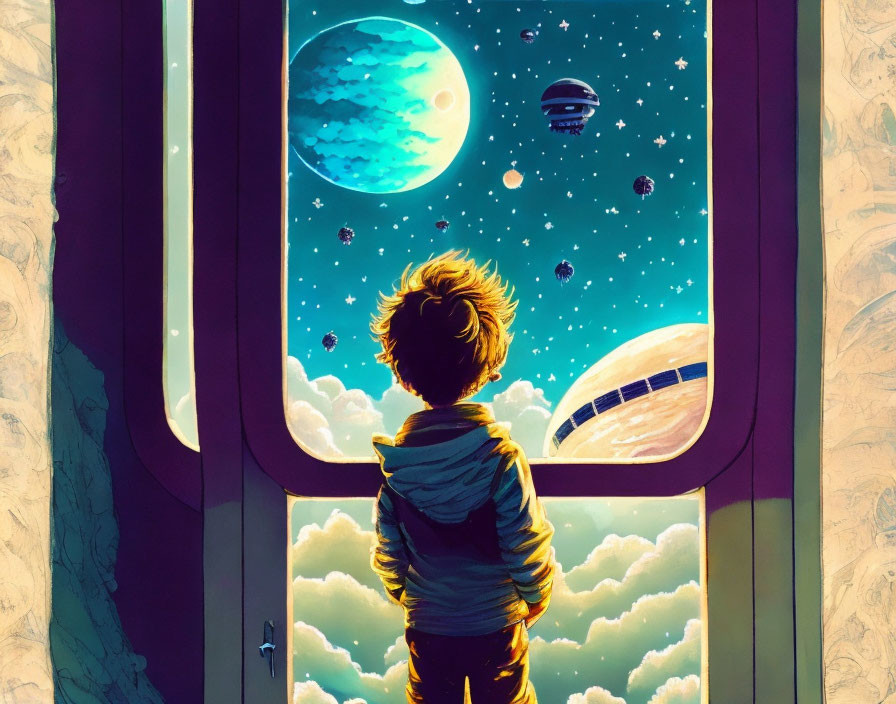 Child observing fantastical space scene with planets, stars, and spaceship