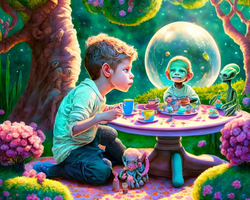 Boy observing fantastical outdoor tea party with alien and creature in vibrant, colorful garden under large moon