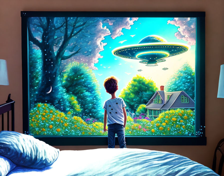 Child admires colorful wall painting of UFO over scenic landscape at night
