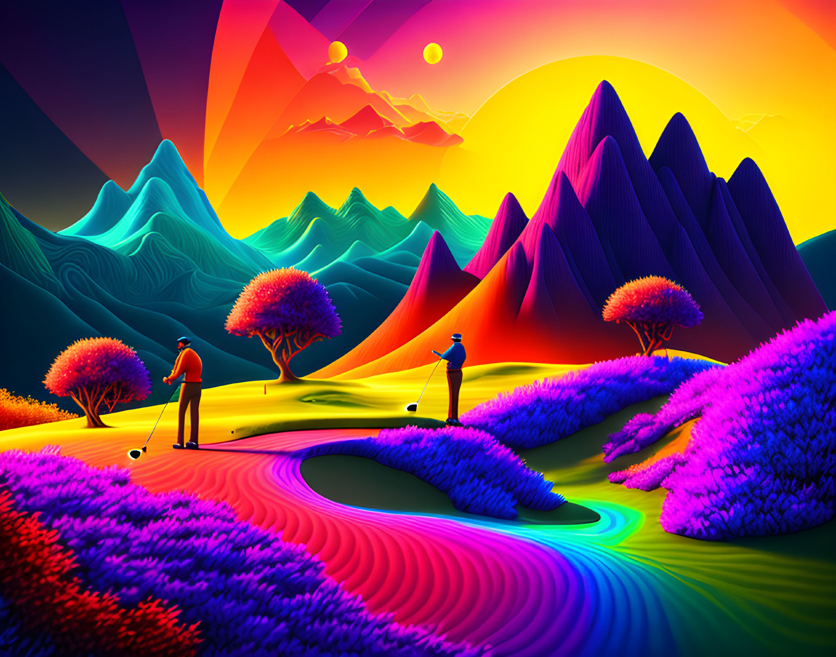 Colorful digital artwork of two people golfing in surreal landscape