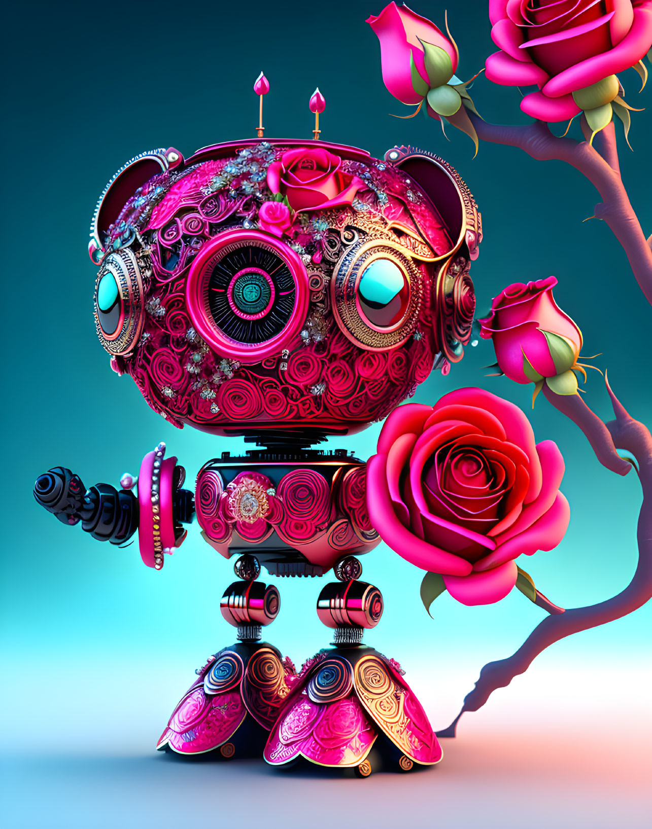 Colorful 3D robot with pink and black designs among pink roses