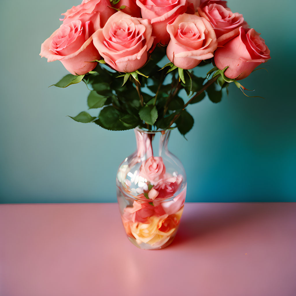 Pink Roses Bouquet in Clear Vase on Blue and Pink Background