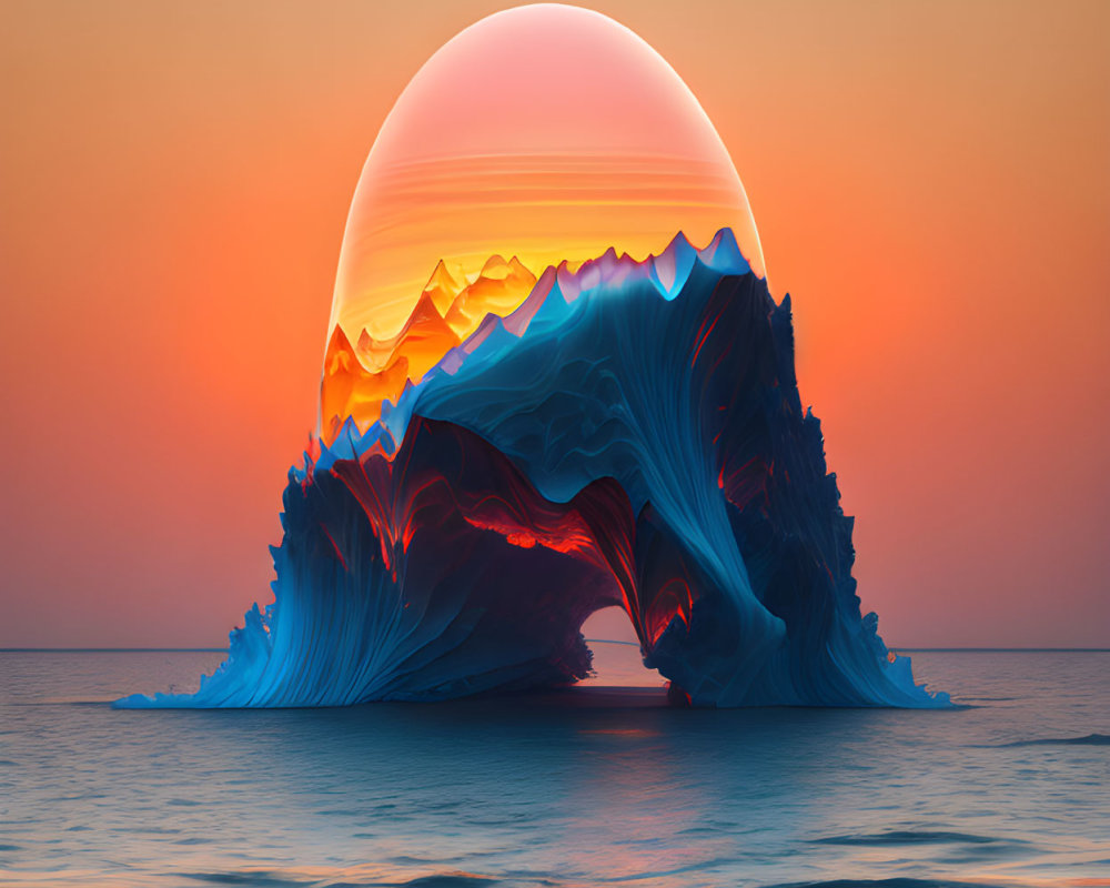 Surreal iceberg with archway under giant setting sun