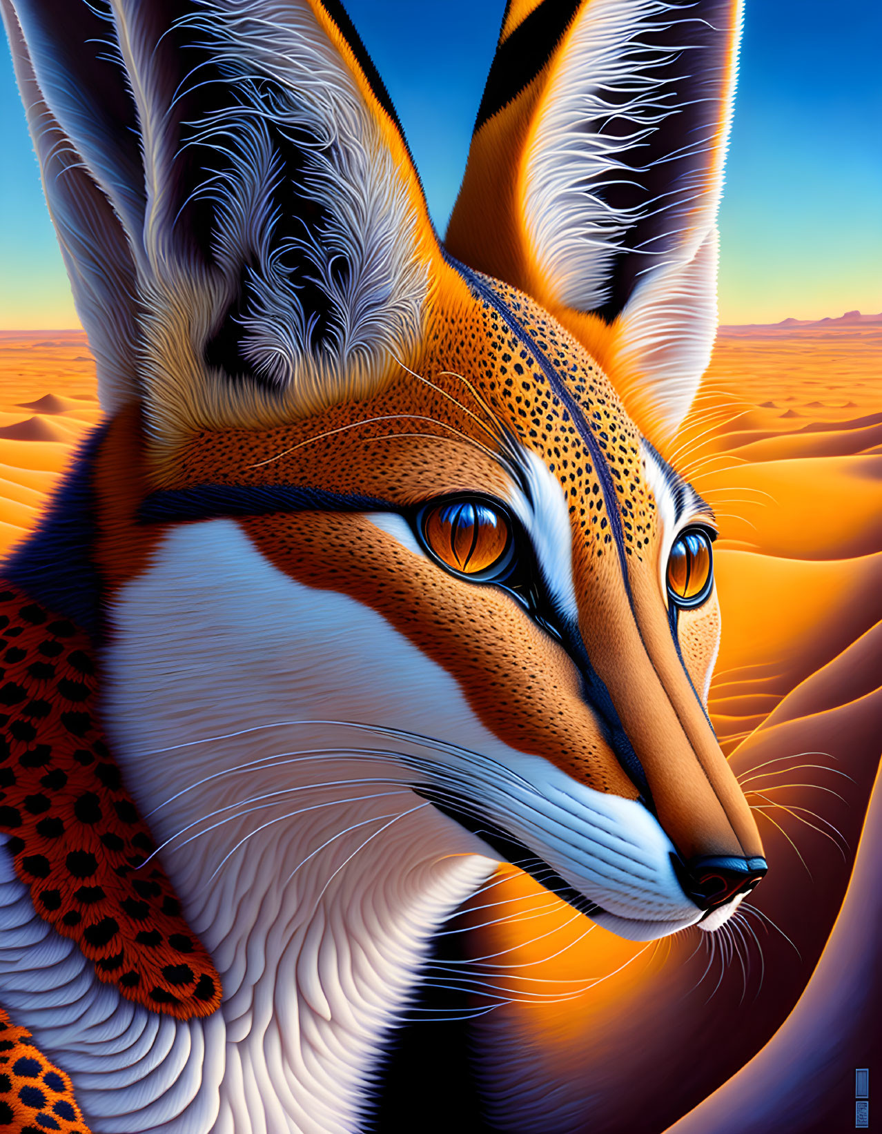 Detailed Stylized Fox Illustration in Sunset Desert Landscape