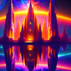 Colorful futuristic castle floating in space with neon colors and energy rings.