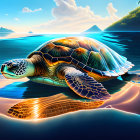 Colorful Sea Turtle Swimming in Clear Tropical Waters with Mountains in Background