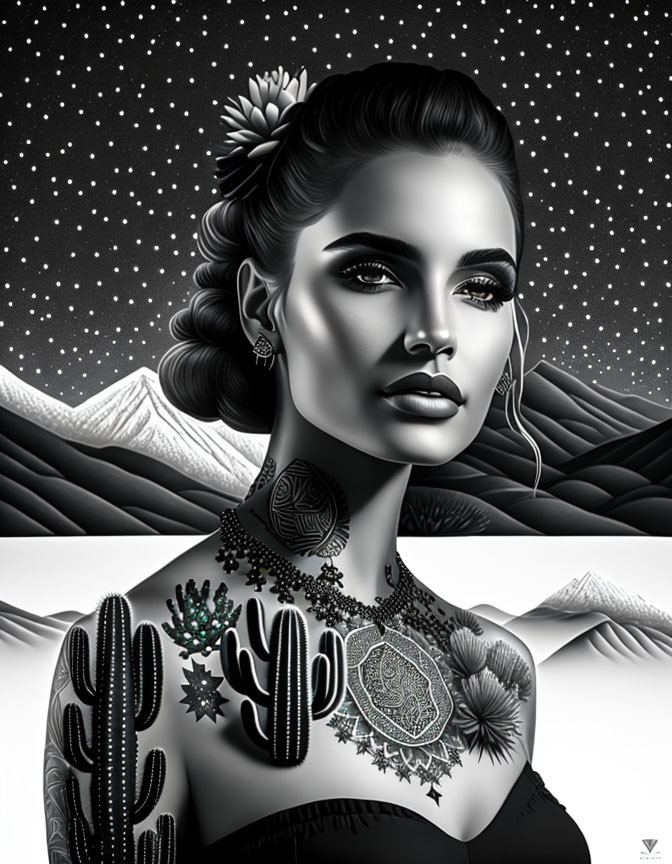 Monochrome illustration of woman with cosmic tattoos in desert landscape