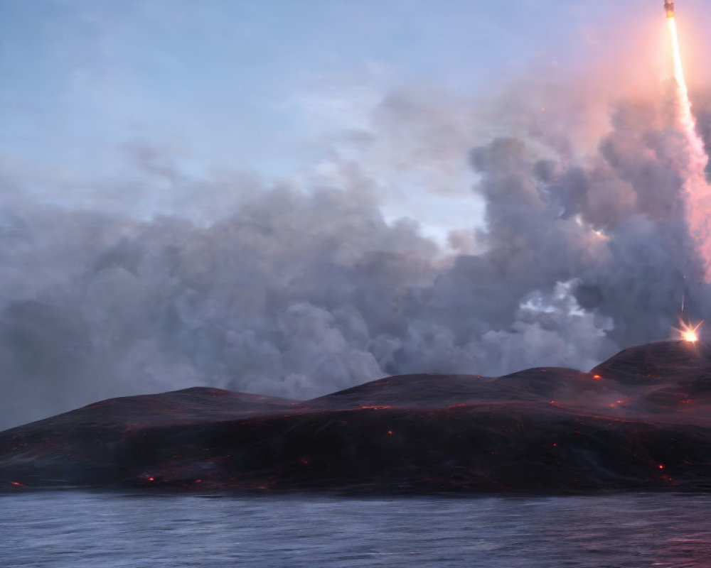 Rocket launching into twilight sky over tranquil sea with billowing smoke and glowing embers landscape