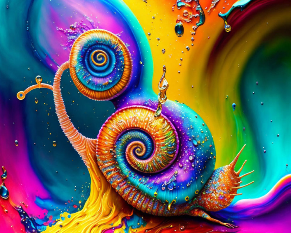 Colorful Swirling Snail Shells on Abstract Liquid Background