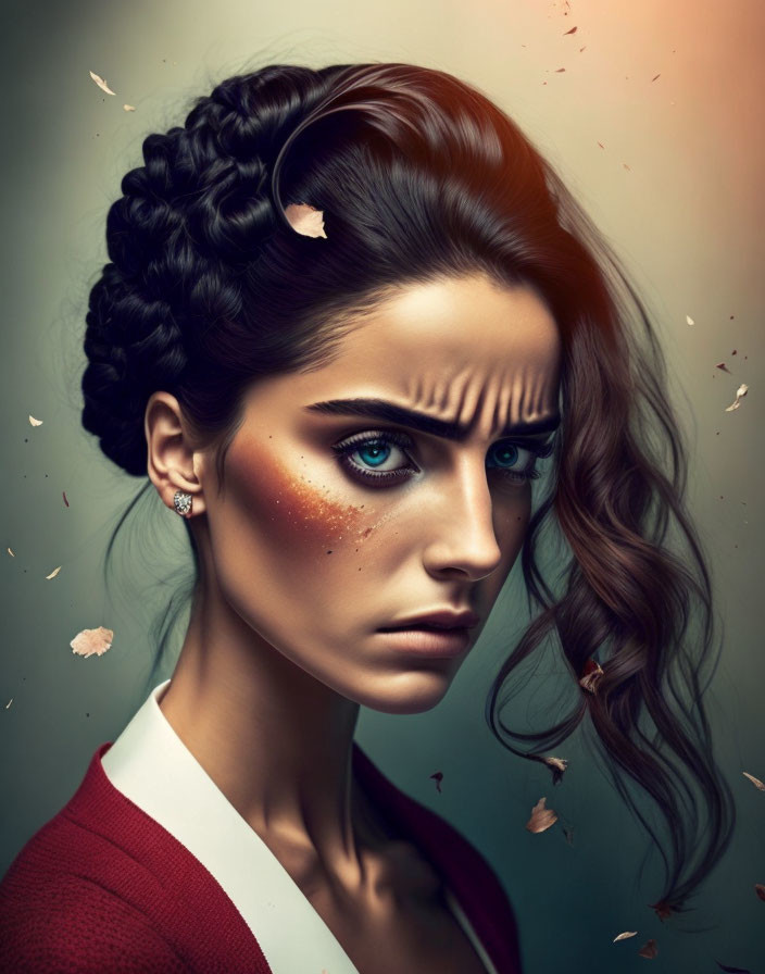 Woman with braided updo, intense blue eyes, red outfit, and falling leaves.