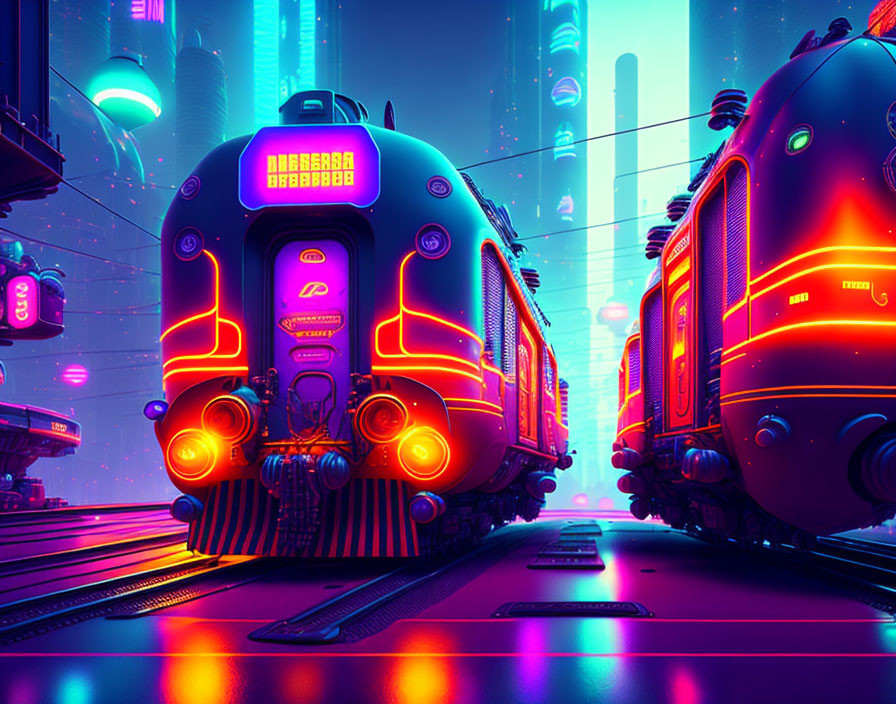 Neon-lit futuristic trains in cyberpunk cityscape