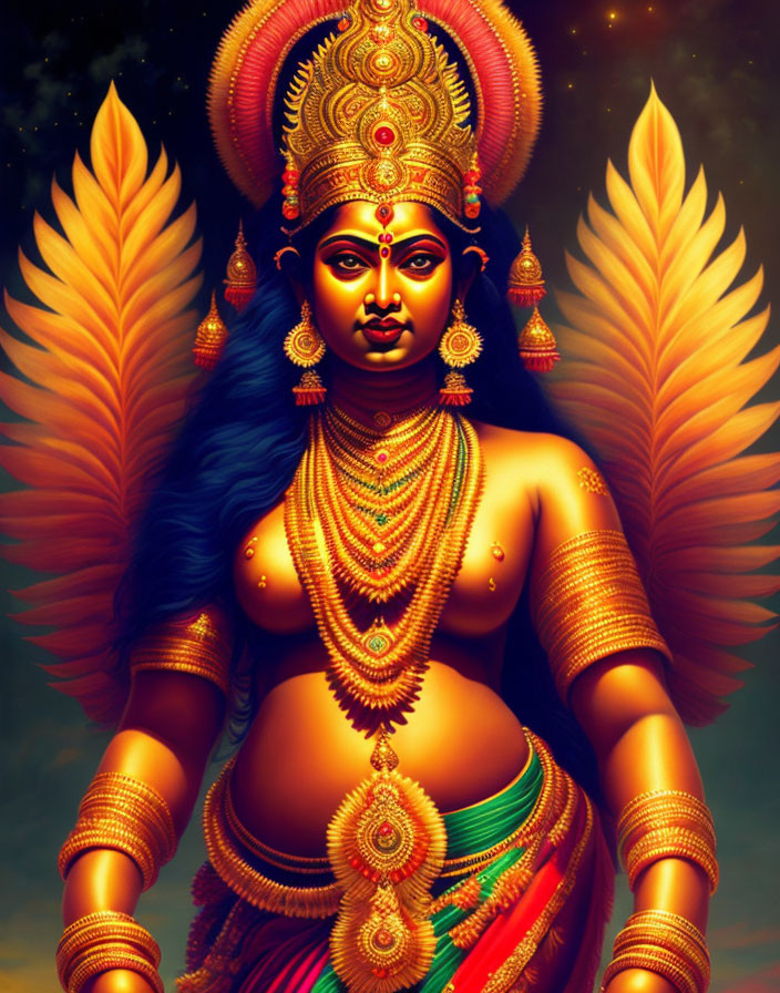 Blue-skinned four-armed deity with fiery wings and golden jewelry in celestial setting