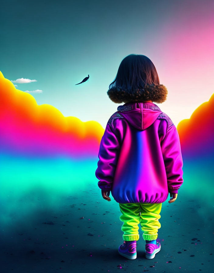 Child in Colorful Clothing Gazes at Surreal Neon Sky
