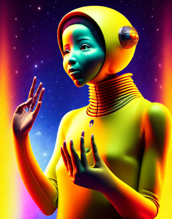 Futuristic female digital artwork in space helmet with colorful background